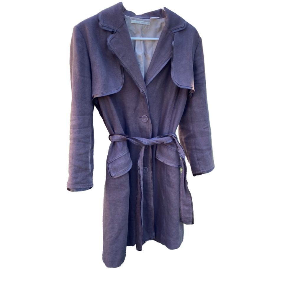 Cote Femme Jacket Linen Belted Button Trench Coat Size 10 Dusty Purple Grey